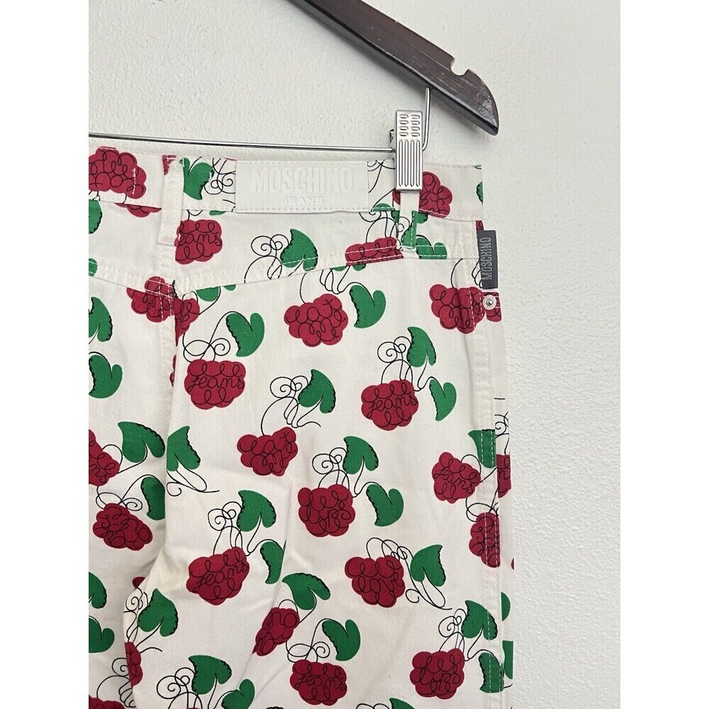VTG 90s MOSCHINO White Flare Jeans Raspberry Leaf Print Red Green Y2K Cottage 26 - Picture 6 of 8